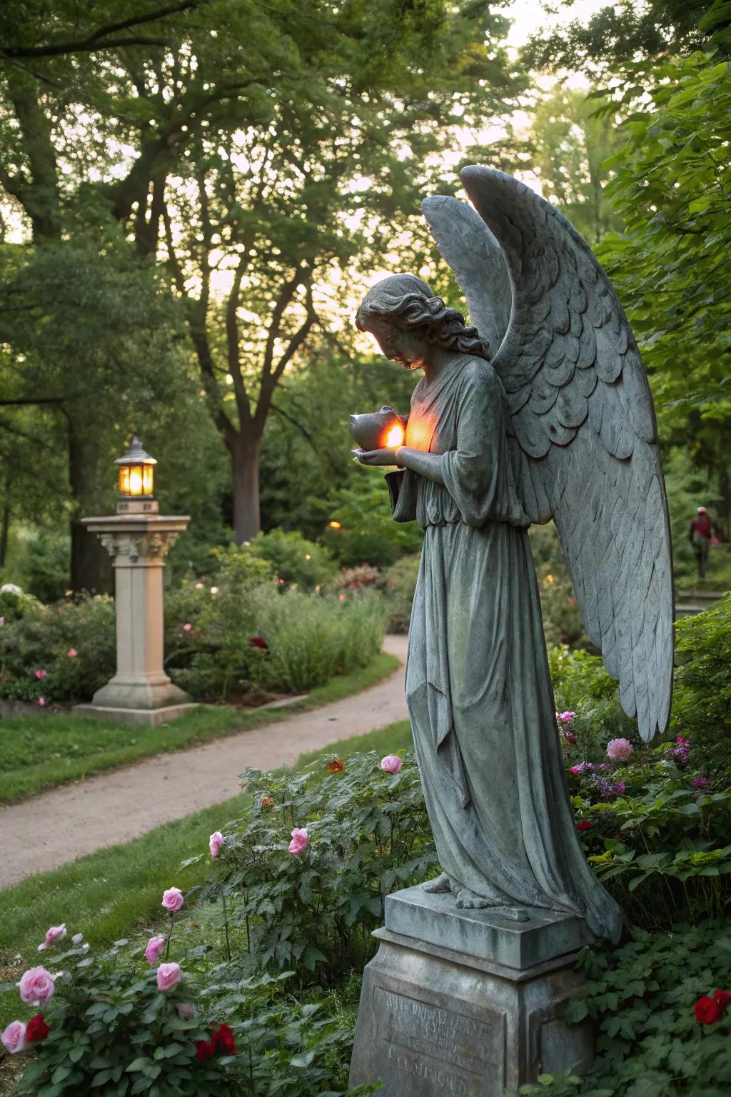 A symbolic angel holding a heart in the garden.