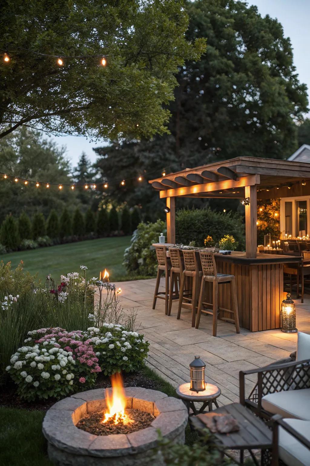 A garden bar with a cozy fire pit feature.