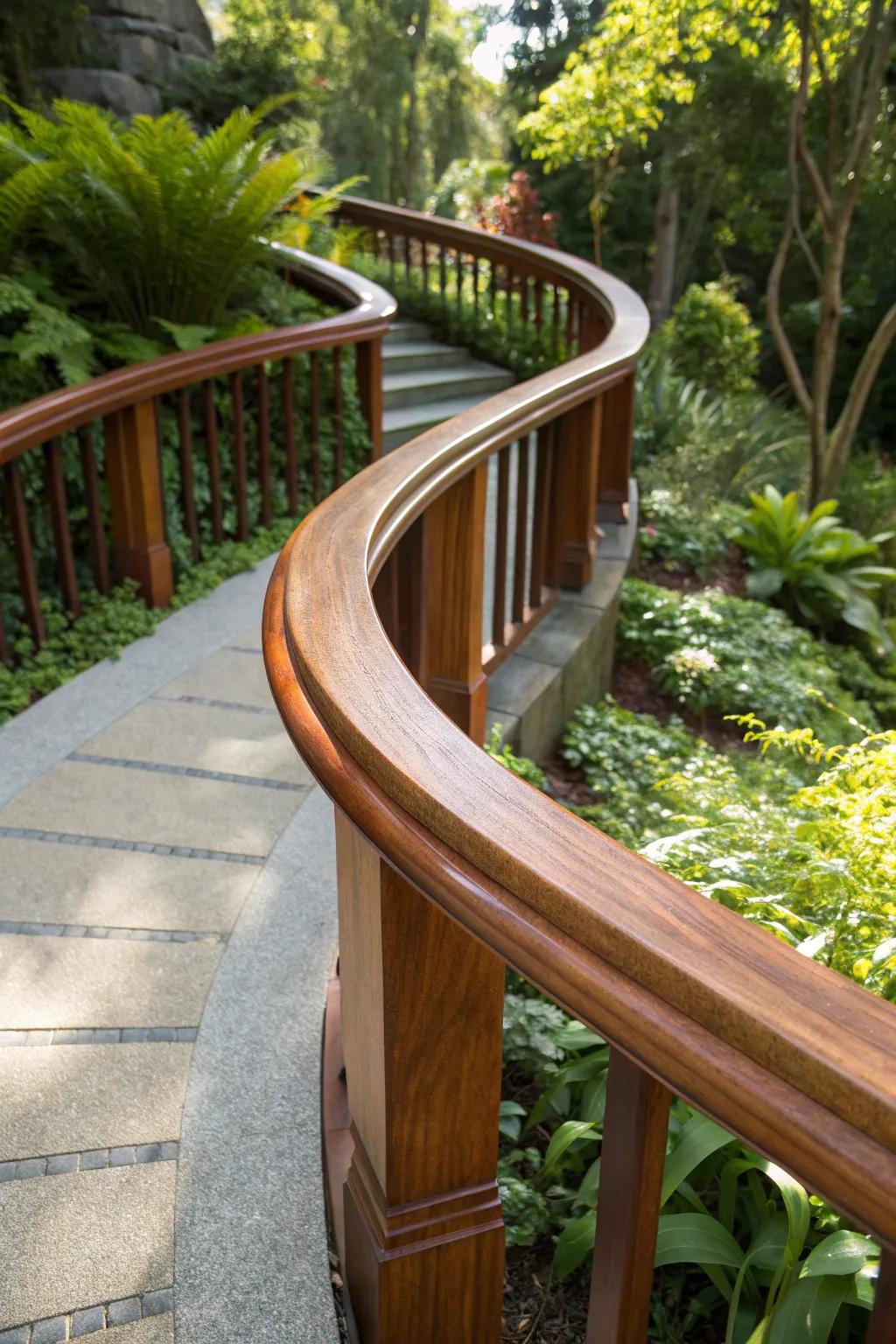 Embrace the beauty of craftsmanship with a curved wooden handrail that guides you gently through nature's embrace.