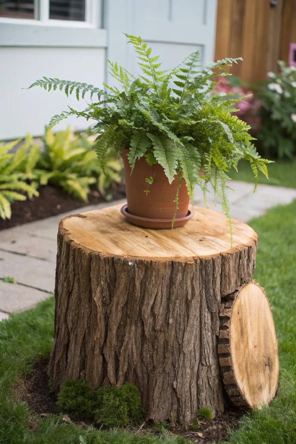 Elevate your garden style with nature's own plant stand—embrace the organic elegance of a tree stump!