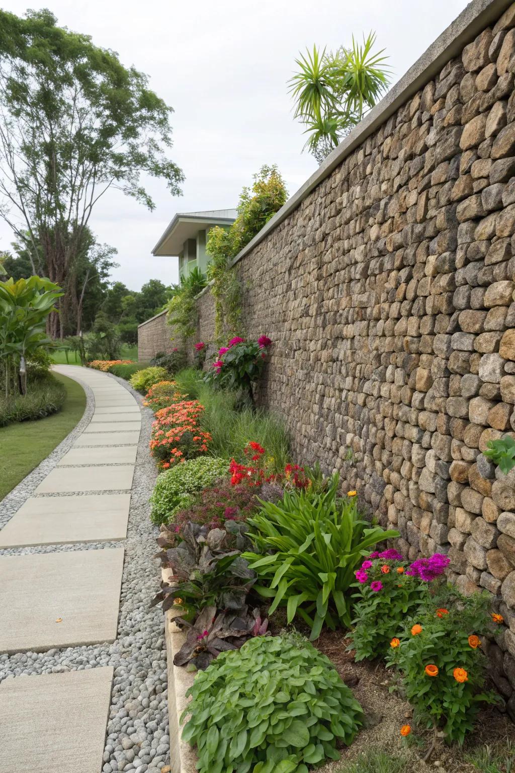 Stone veneer walls contributing grace and reinforcement to garden expanses.