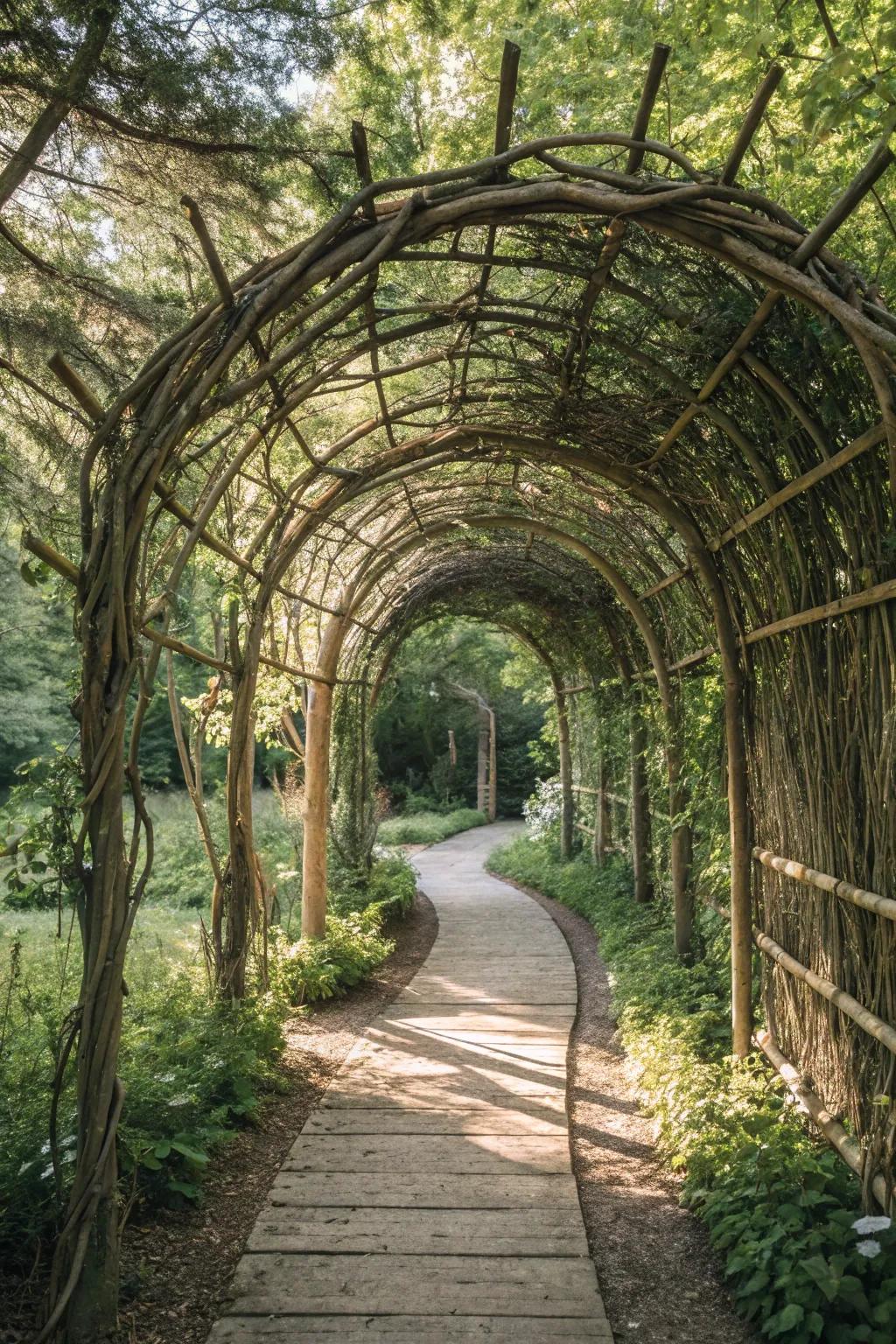 Discover the beauty of handcrafted garden art with this enchanting wooden archway tunnel, where nature and artistry intertwine.