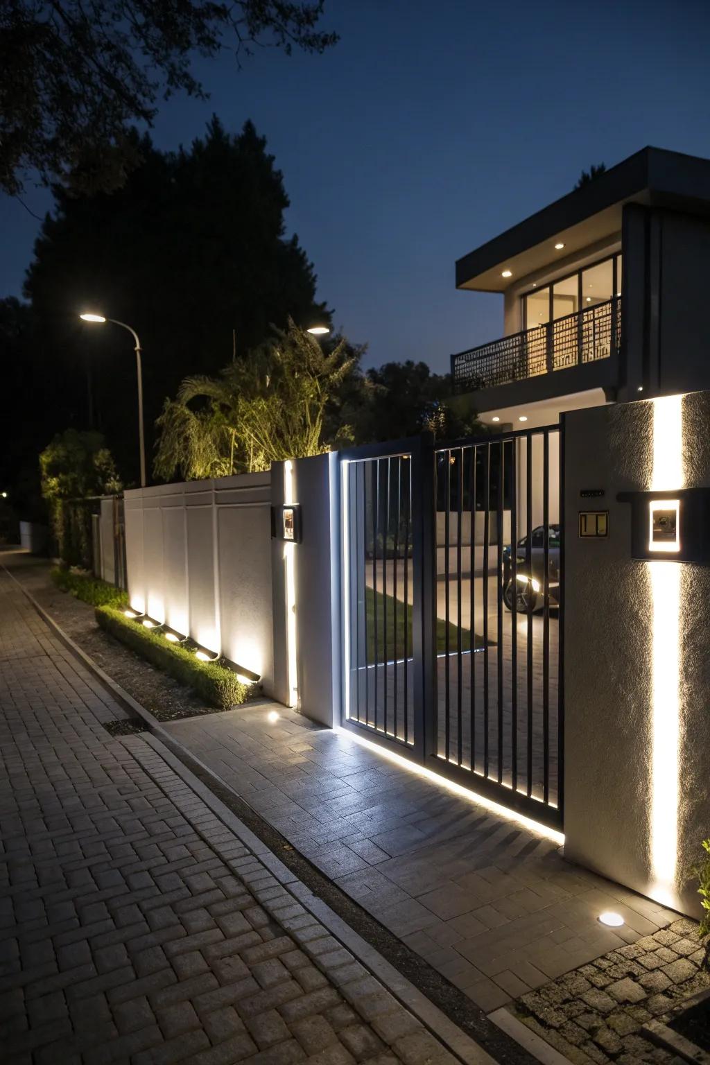 Integrated illumination transforms your gate into a night-time spectacle.
