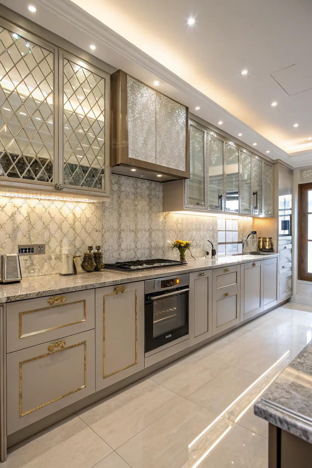 A glamorous kitchen with a mirrored glass tile backsplash.