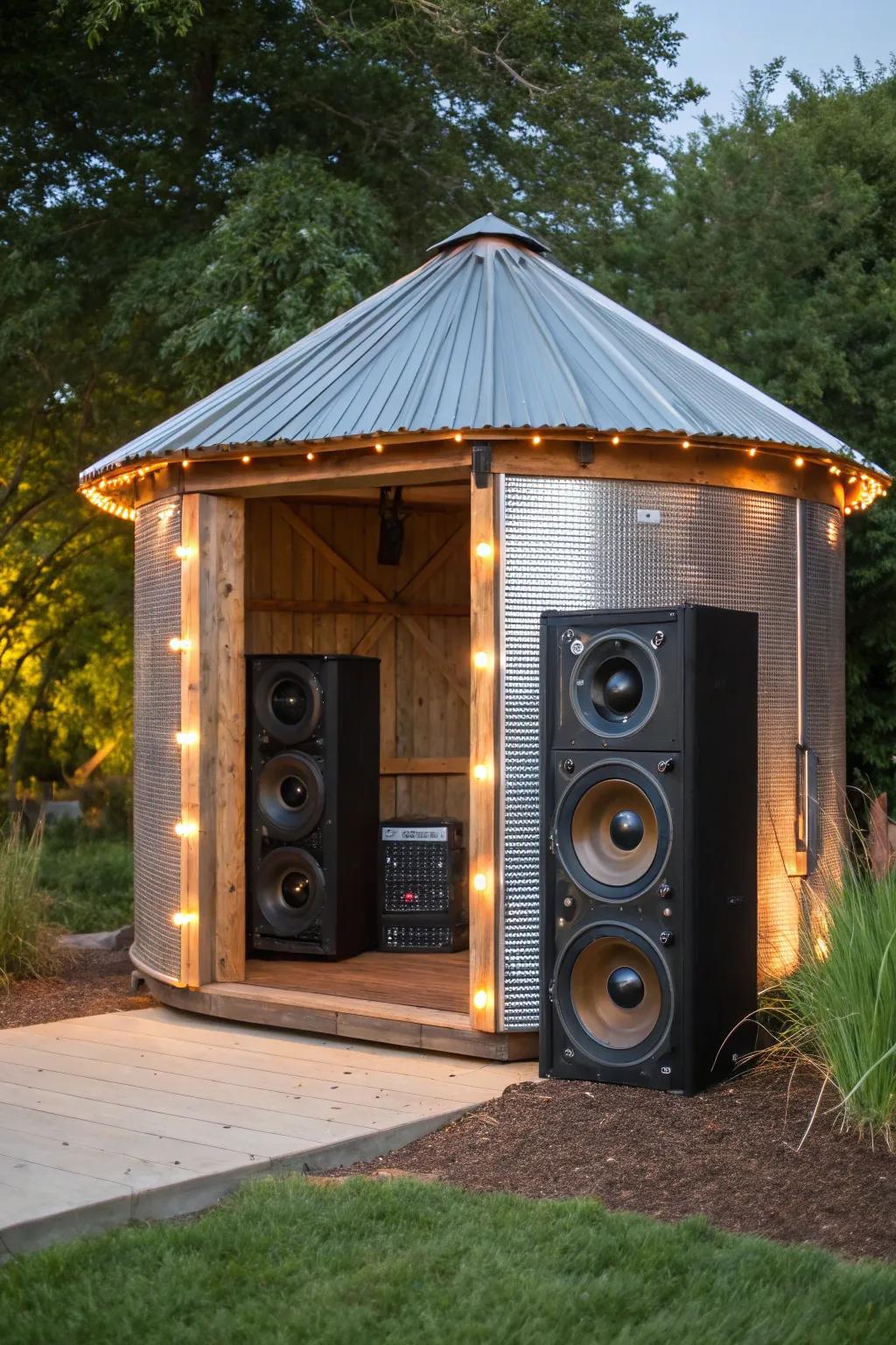 Elevate your gatherings with a grain bin gazebo featuring an integrated sound system, where rustic charm meets modern technology.