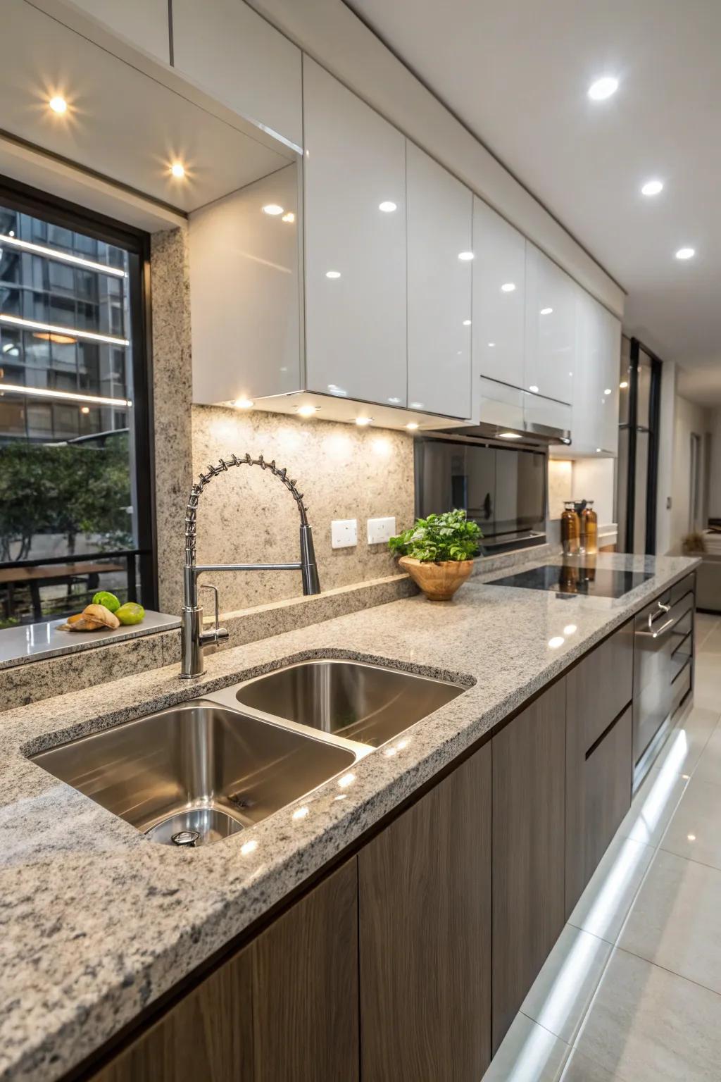 Integrated basins with granite worktops deliver a flawless appearance.