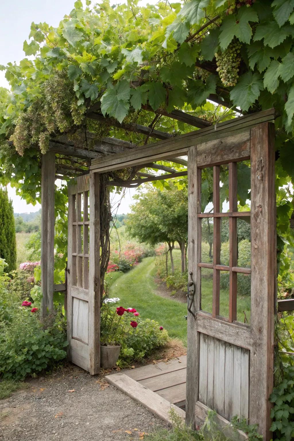 A creative grape arbor crafted from reused materials.