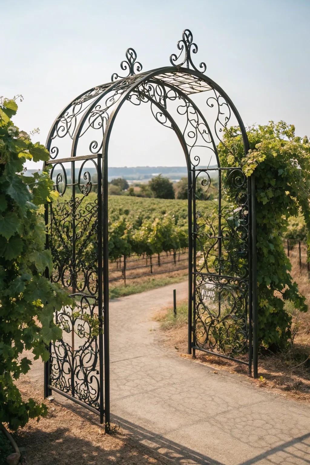 Elevate your garden with a stunning artistic ironwork arbor, where craftsmanship meets natural beauty.