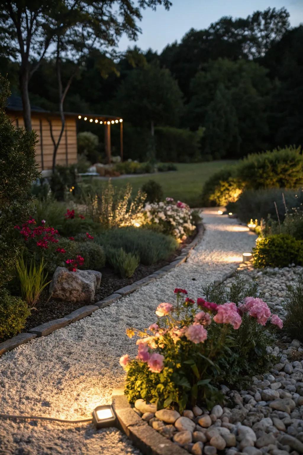 A gravel flower bed beautifully illuminated for nighttime ambiance