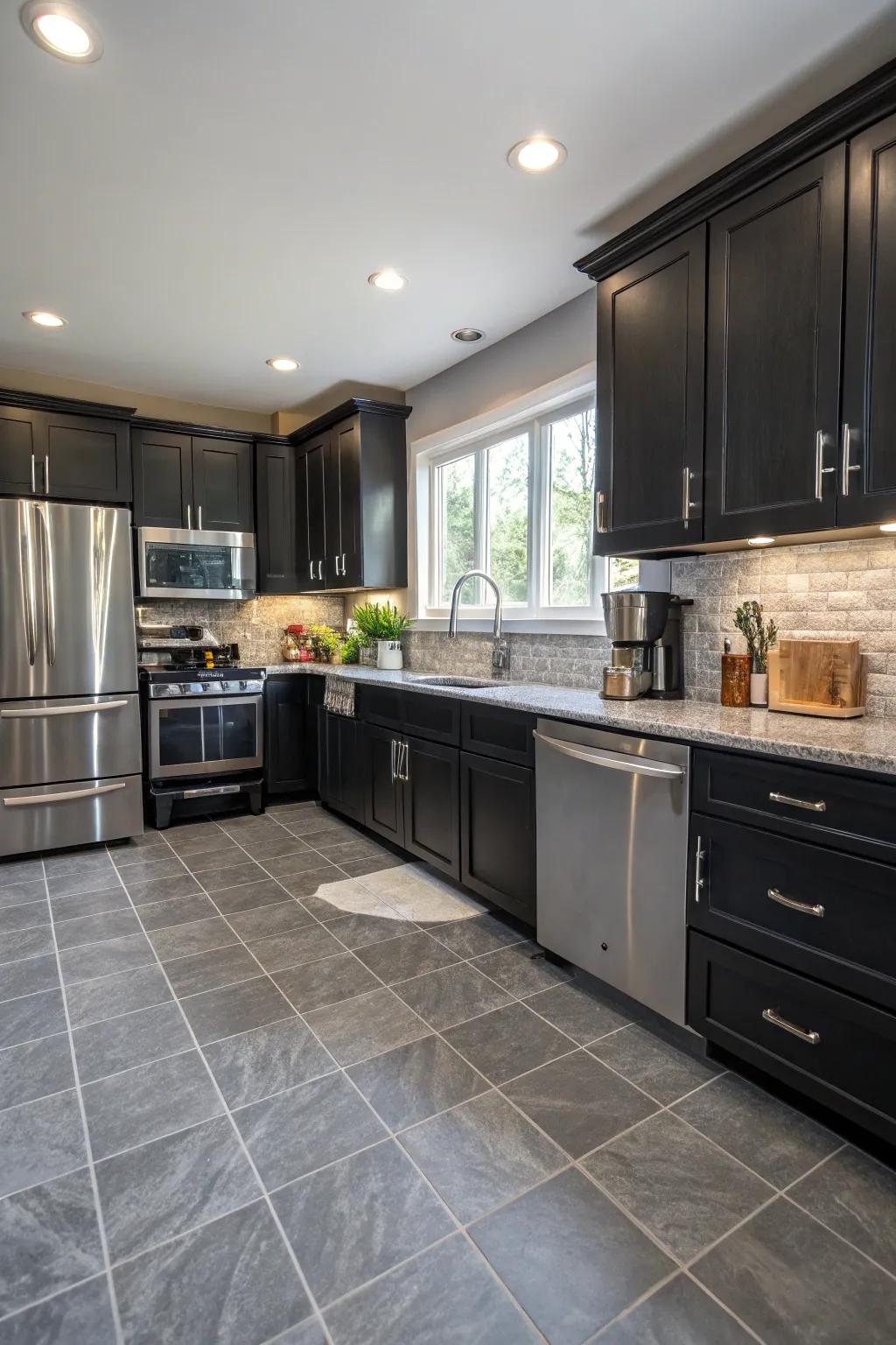 Charcoal flooring appends warmth and balance.