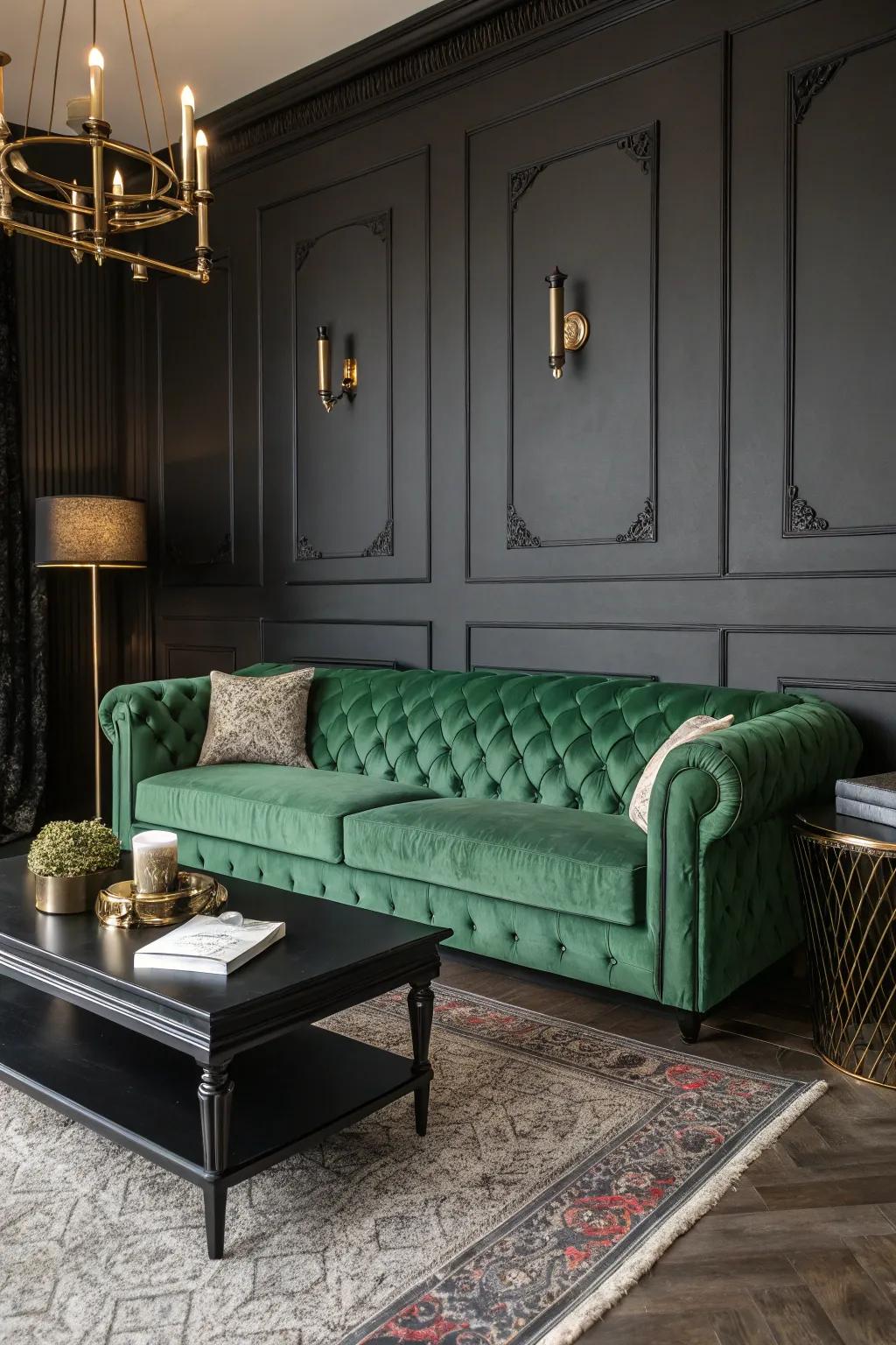 A sensational living space exhibiting an emerald plush sofa and black accents.