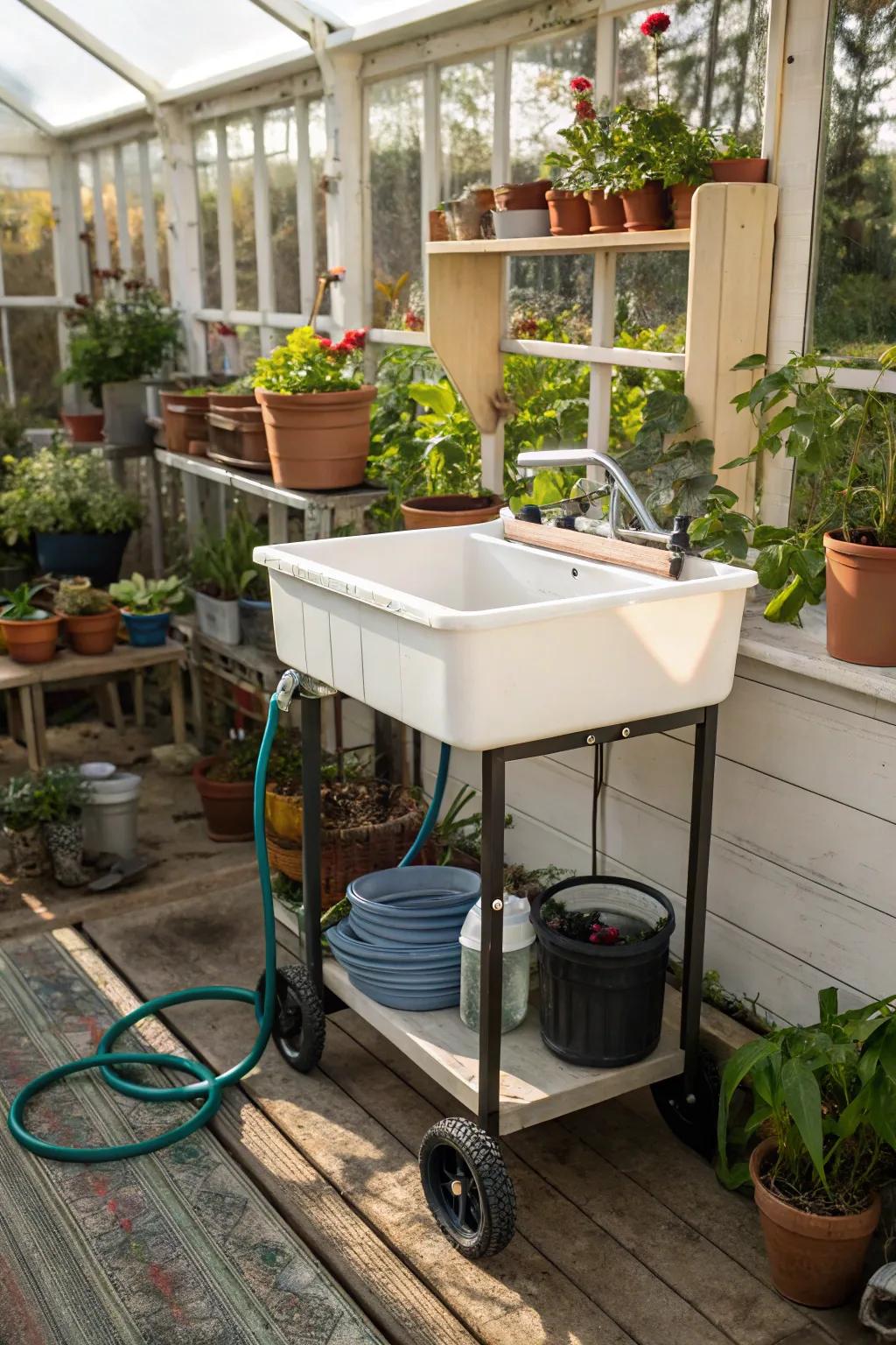 A transportable sink allows flexibility for dynamic greenhouse settings.