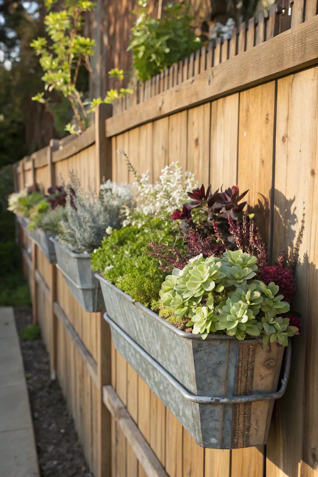Embrace countryside charm with a rustic fence gutter garden, where nature meets craftsmanship.