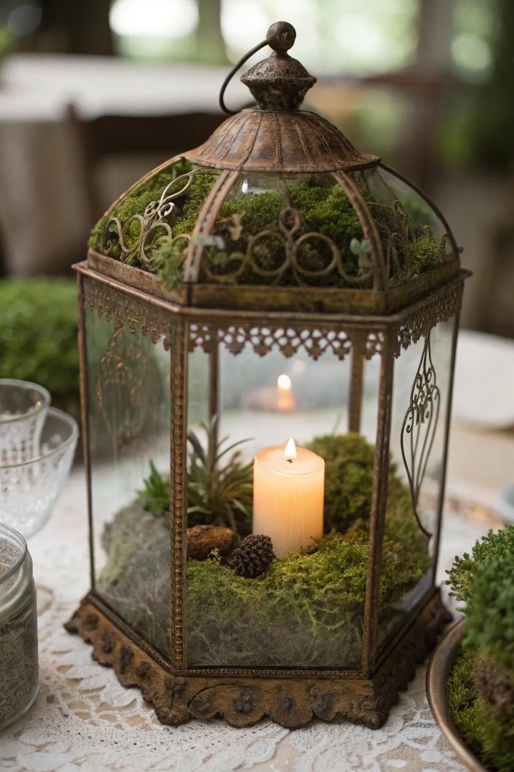 A vintage-inspired planter with moss and candlelight.