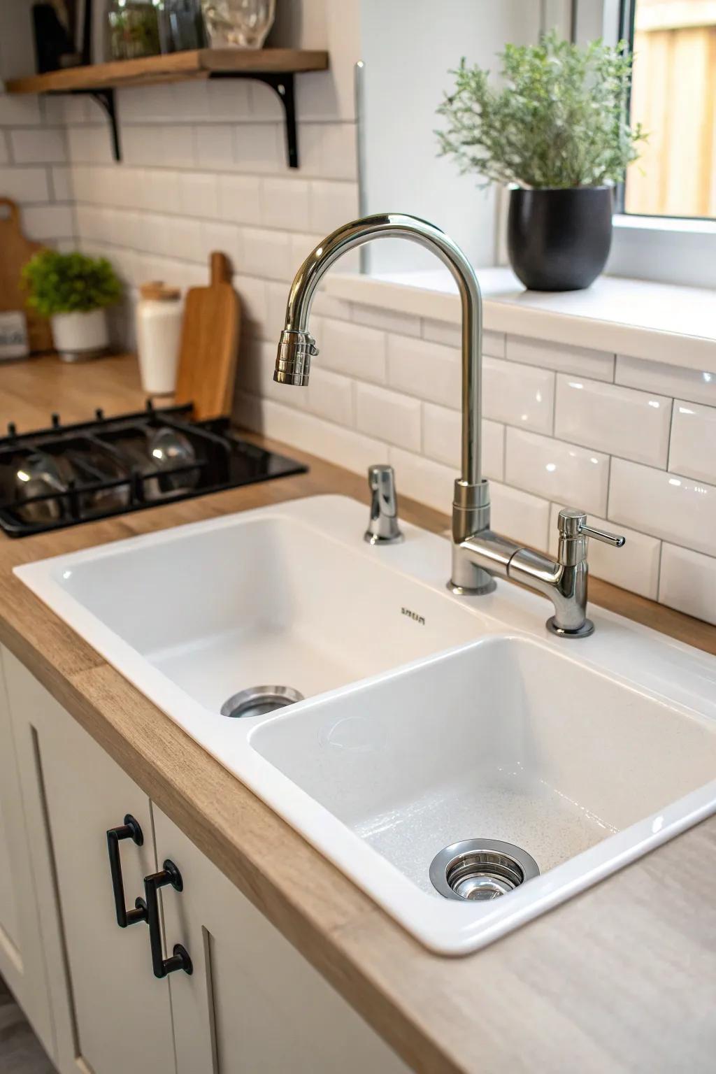 Slimline taps offer a sleek and minimalist touch to the kitchen.