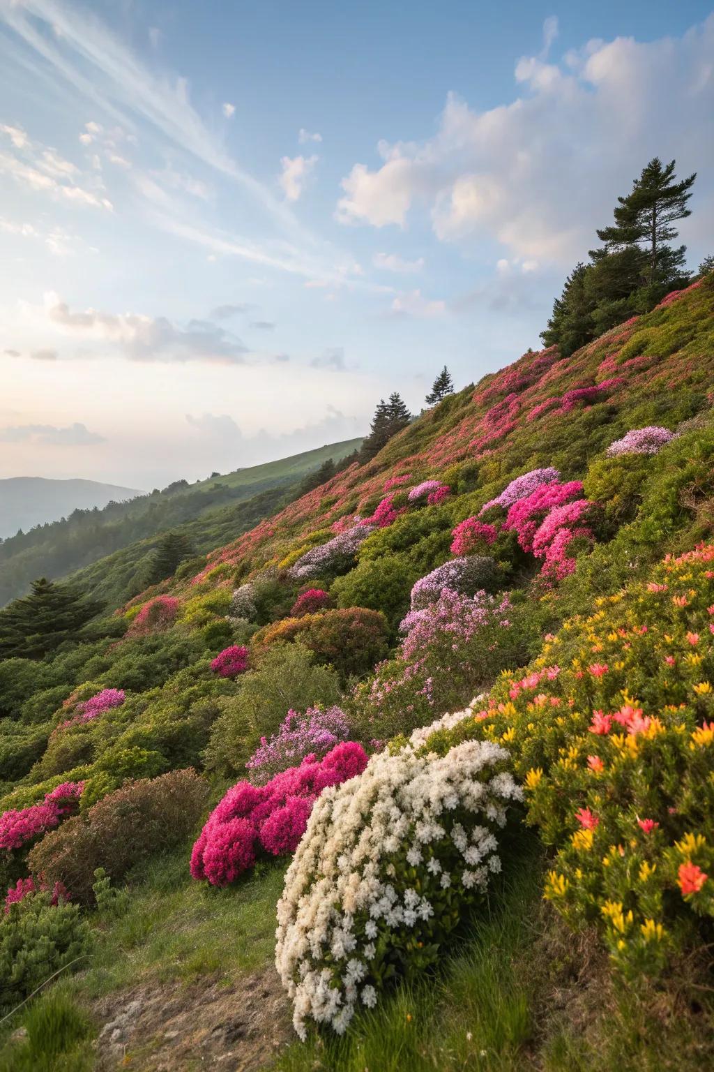 Flowering bushes add year-round color and interest to hillside gardens.