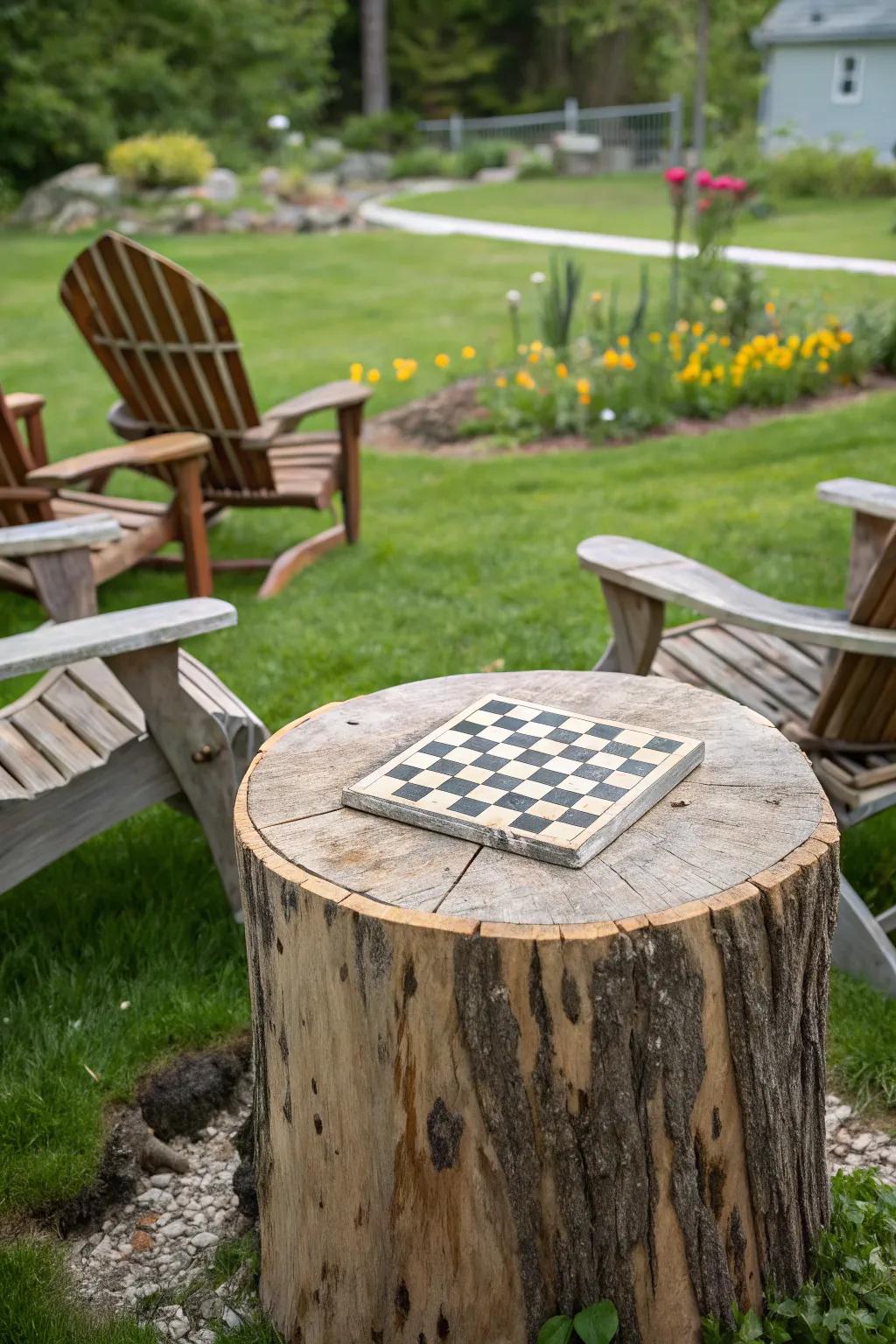 A tree stump chess table invites strategic play in the garden.