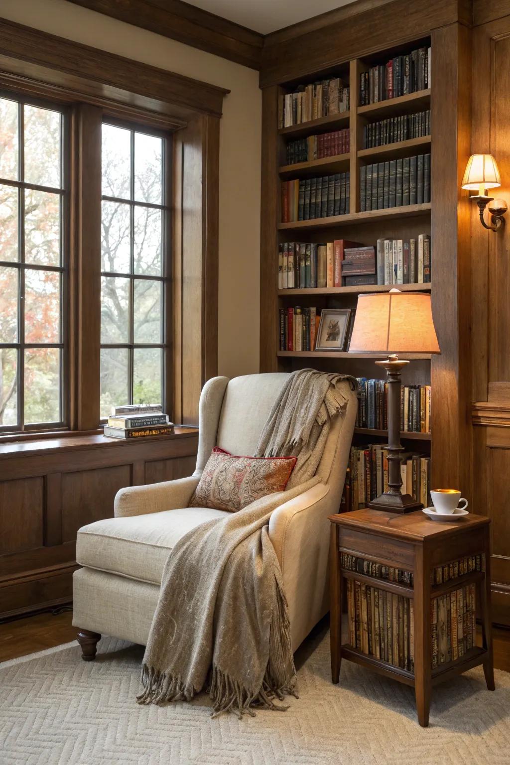 A reading corner invites relaxation and immersion.