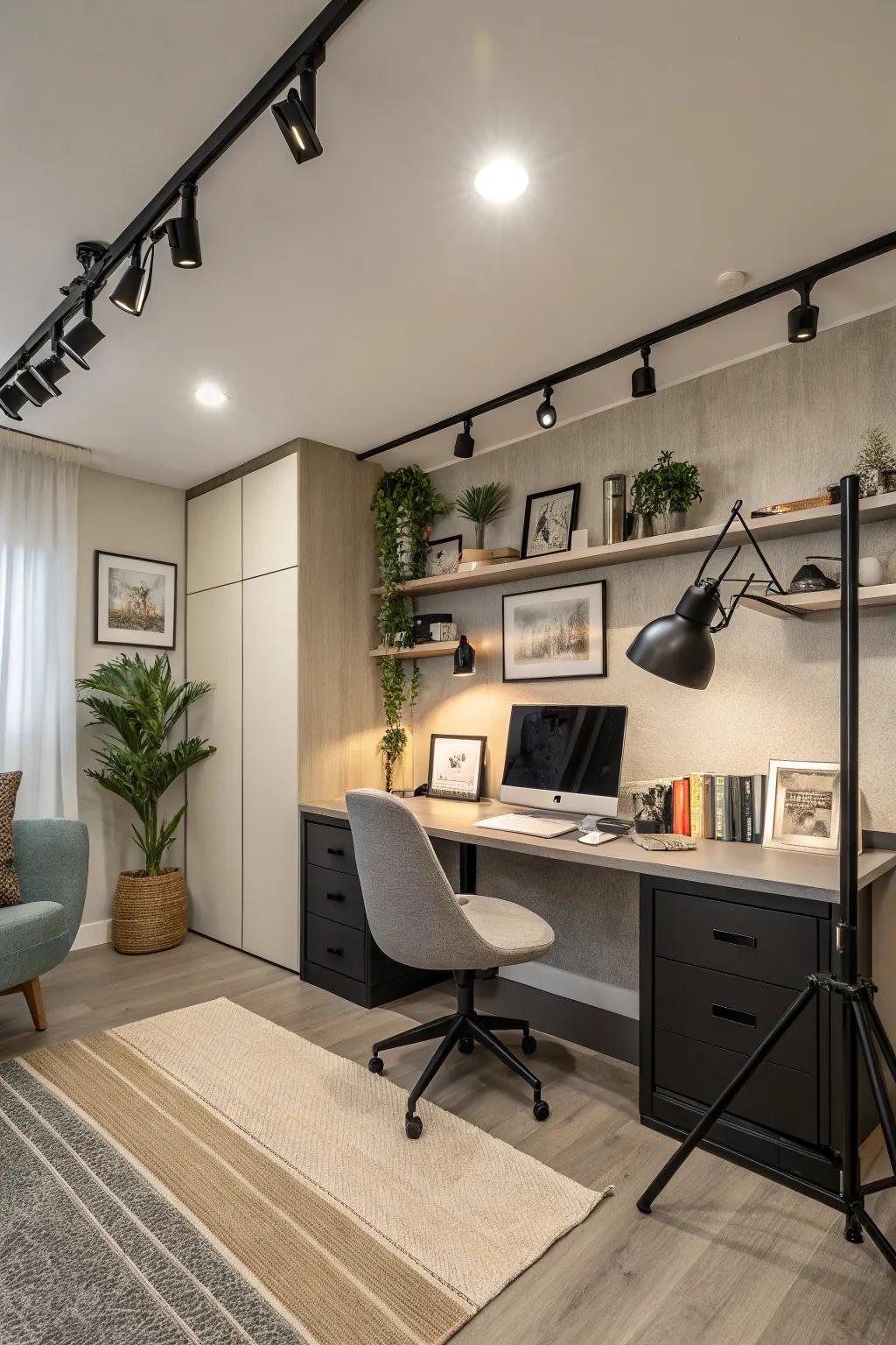 Light systems provide adaptable illumination for versatile workspaces.