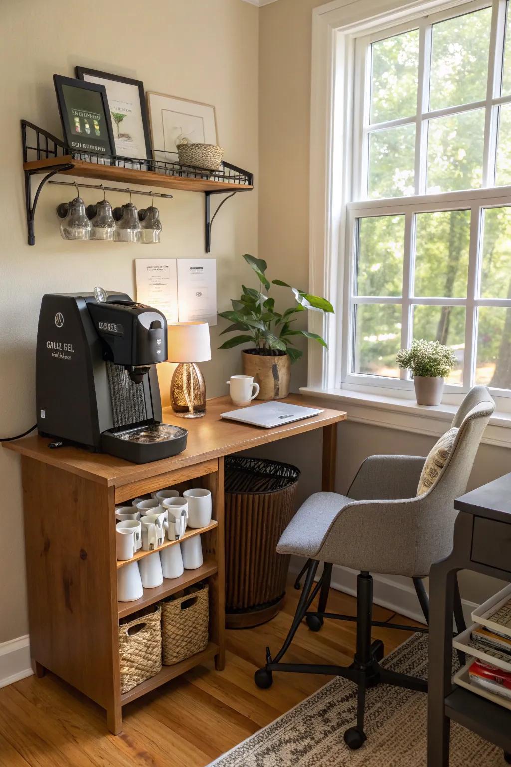 A dedicated coffee nook keeps refreshments close at hand.