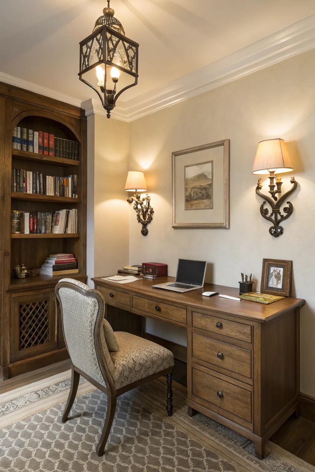 Wall sconces blend grace with practicality.