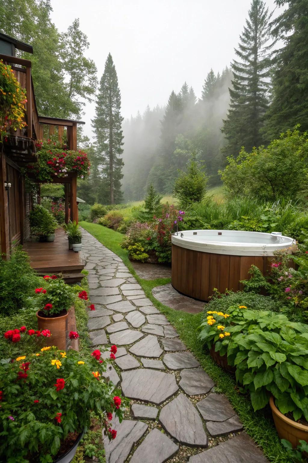 A stone pathway adds rustic charm to the hot tub approach.