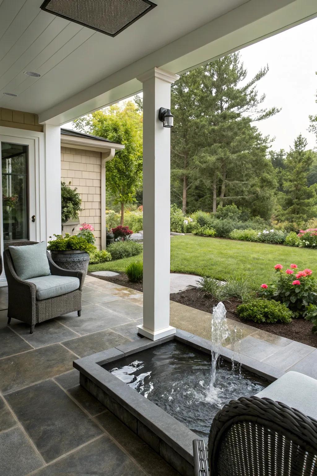 A water feature brings a sense of peace to this modern porch.