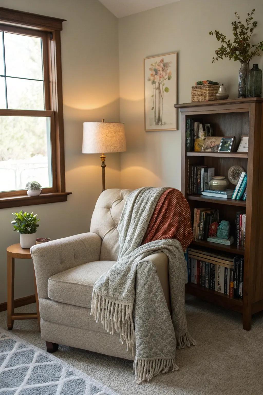 A reading nook offers a cozy retreat within the living room.