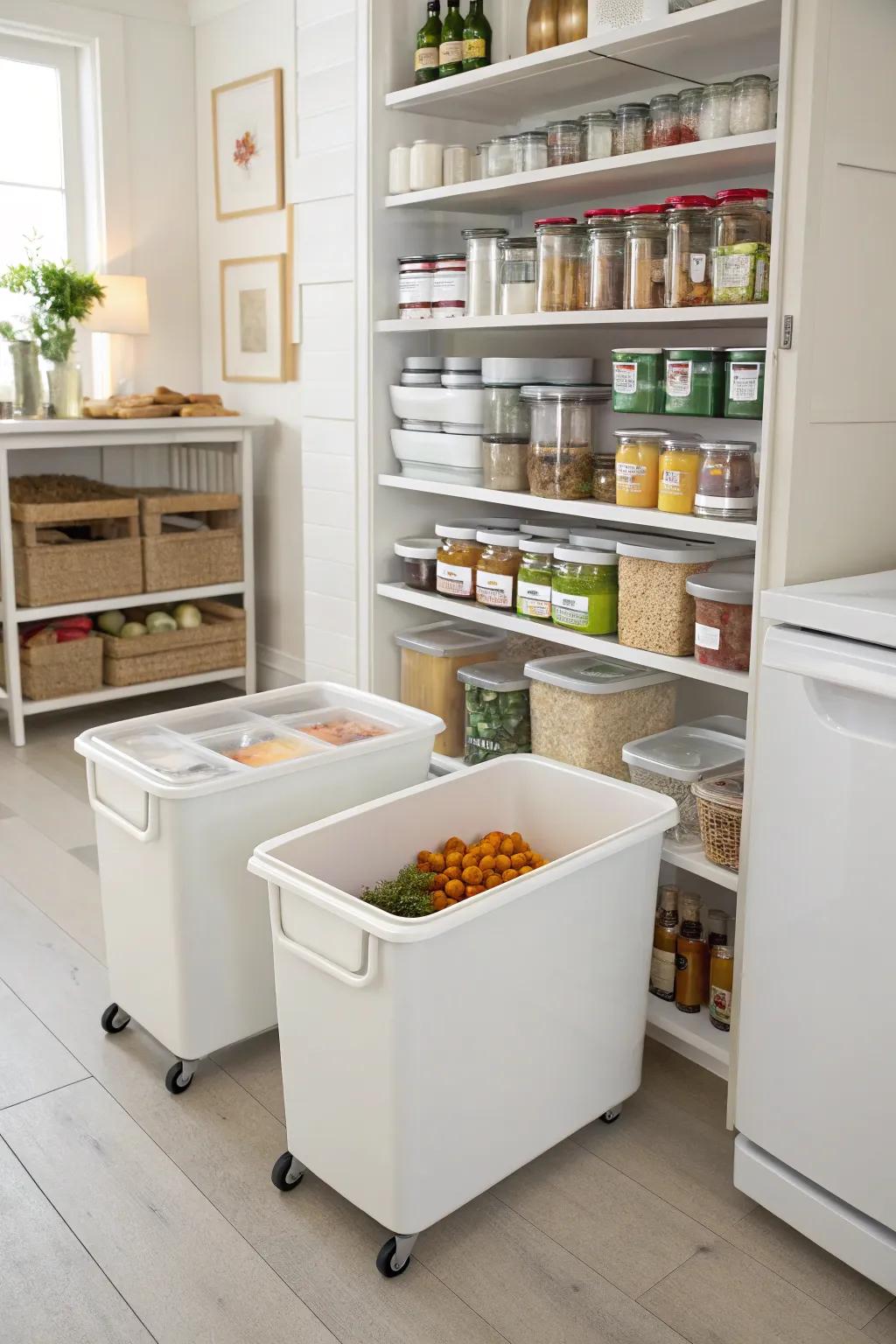 Wheeled bins offer simple access to items kept under shelves.