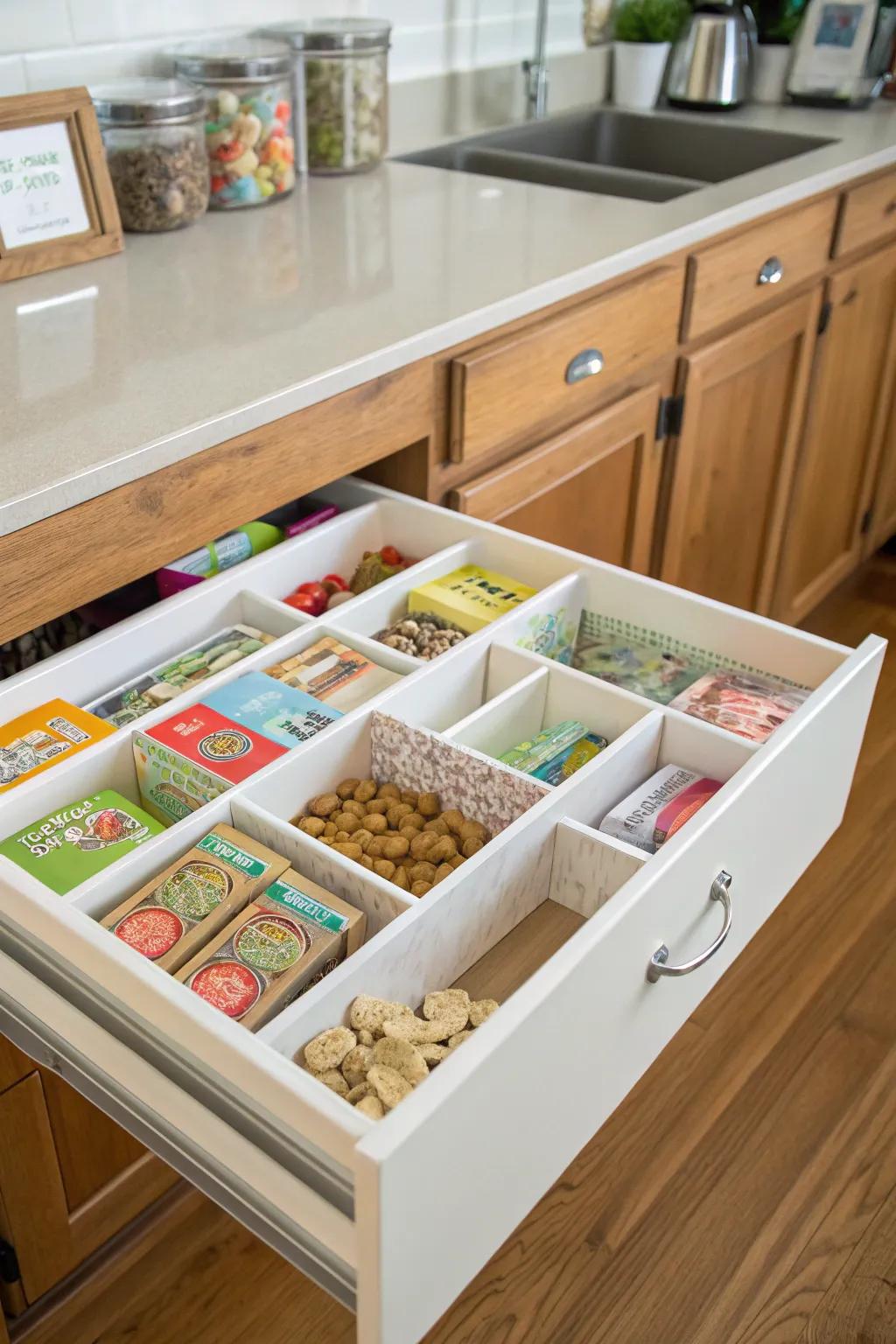 DIY compartments fashioned for unique utensil organization.