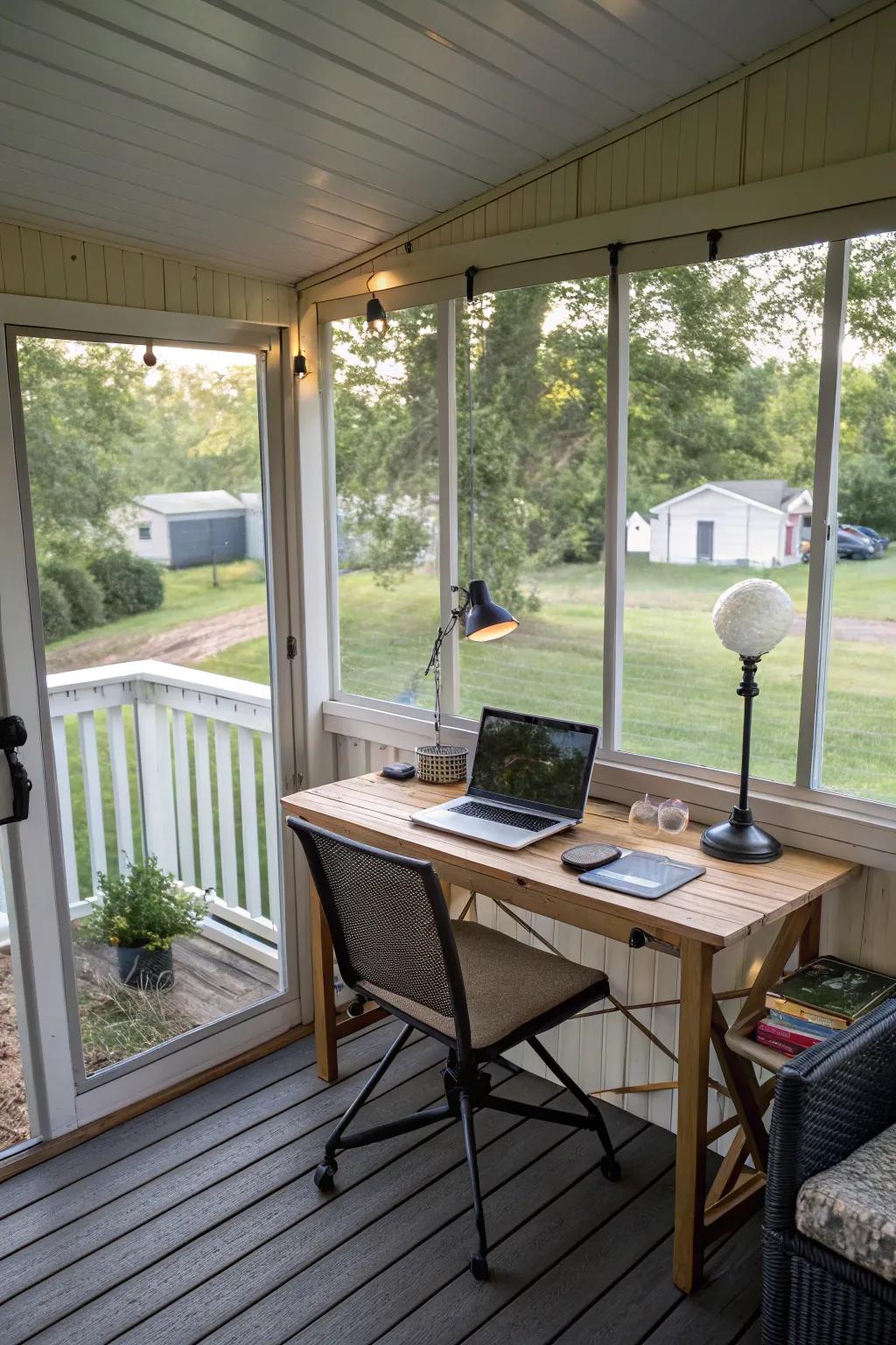 An outdoor office on the porch blends work with the pleasure of nature.