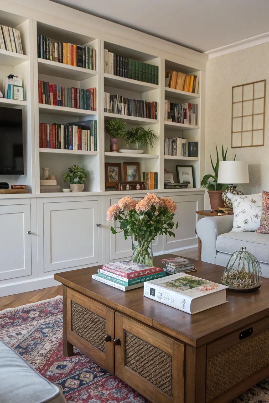 Books and accessories personalize your living room with style.