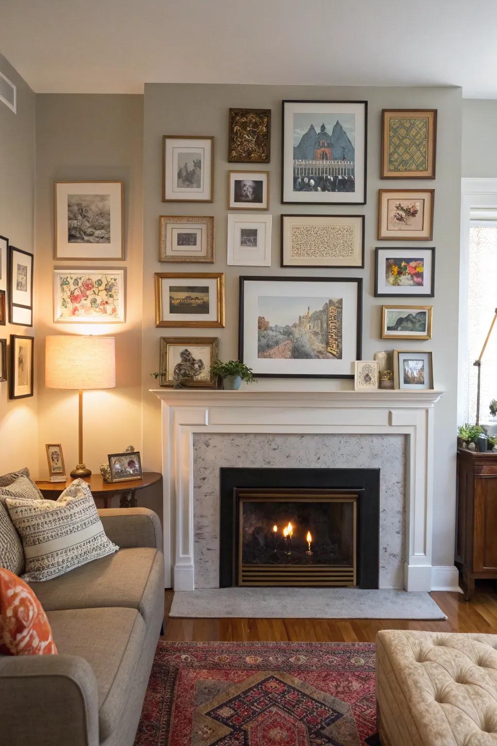 A family room featuring a gallery wall above a fireplace, transforming it into an artistic centerpiece.
