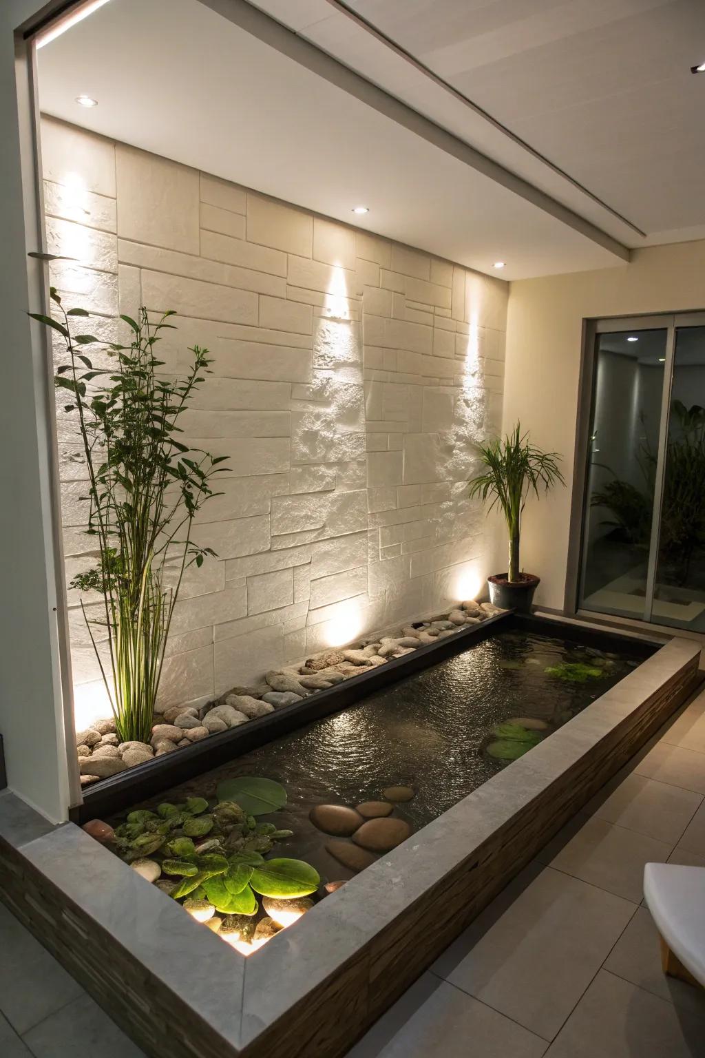 Wall-affixed ponds provide contemporary refinement and economize area.
