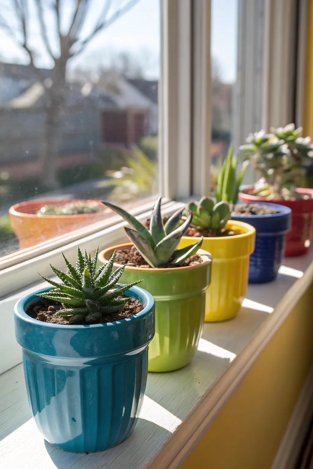 Colorful pots add a playful touch to succulent displays.