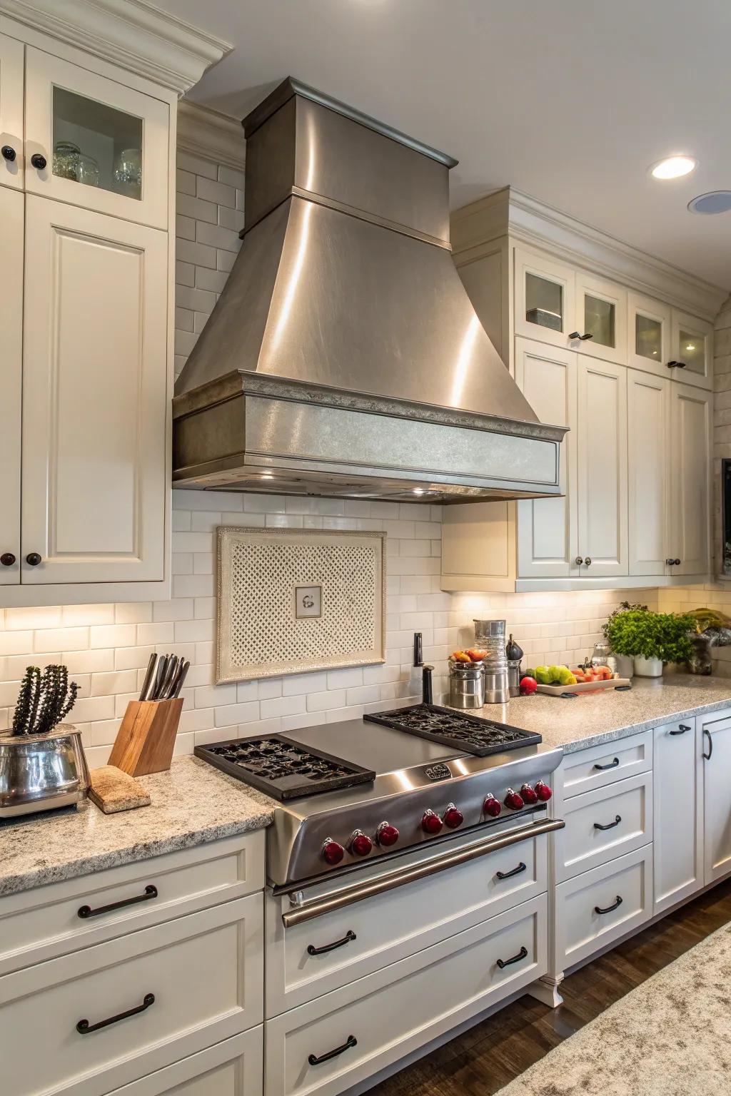 A metal hood serves as a stylish focal point in the kitchen.