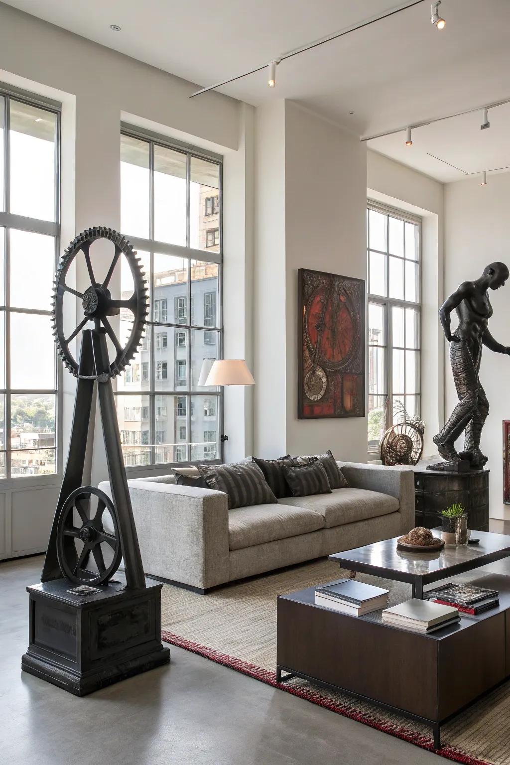 Industrial art adds a creative touch to the decor.