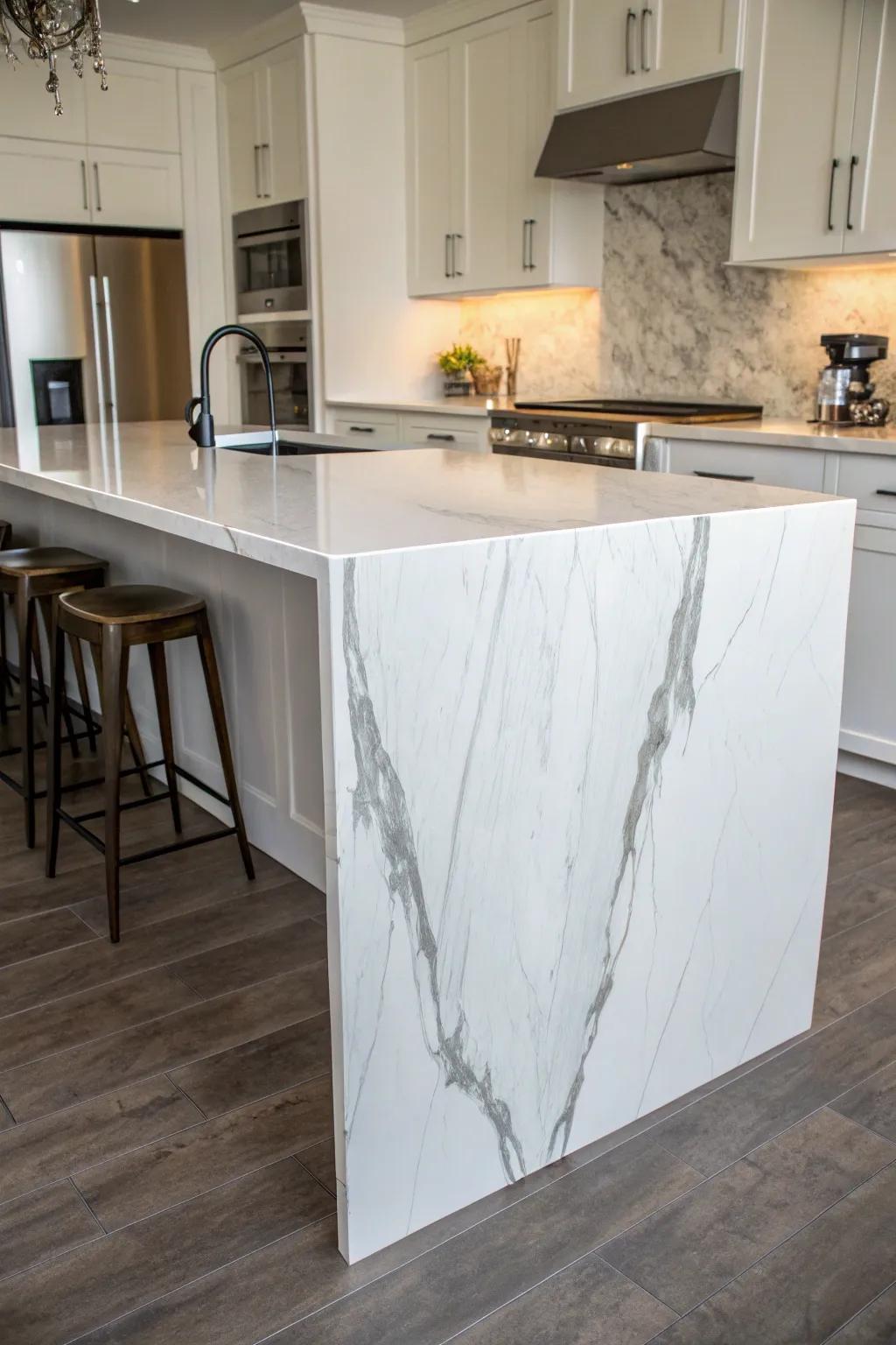 A cascade edge infuses a modern and creative touch, instantly making a kitchen island a visual highlight.