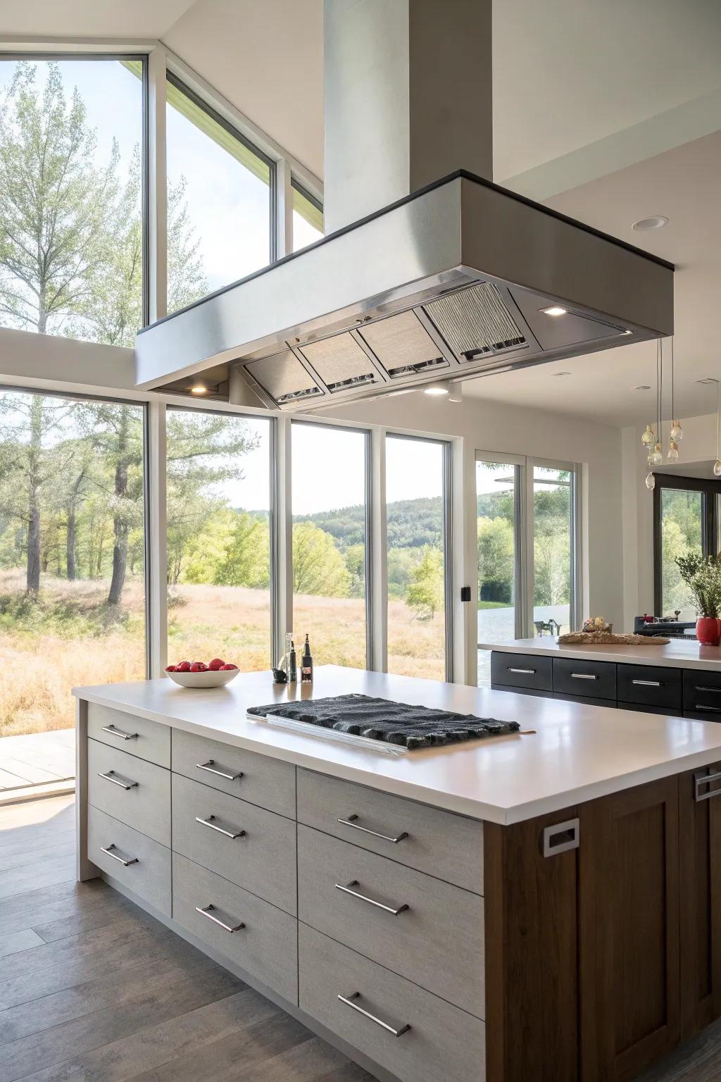 Floating range hoods offer an airy and open kitchen feel.
