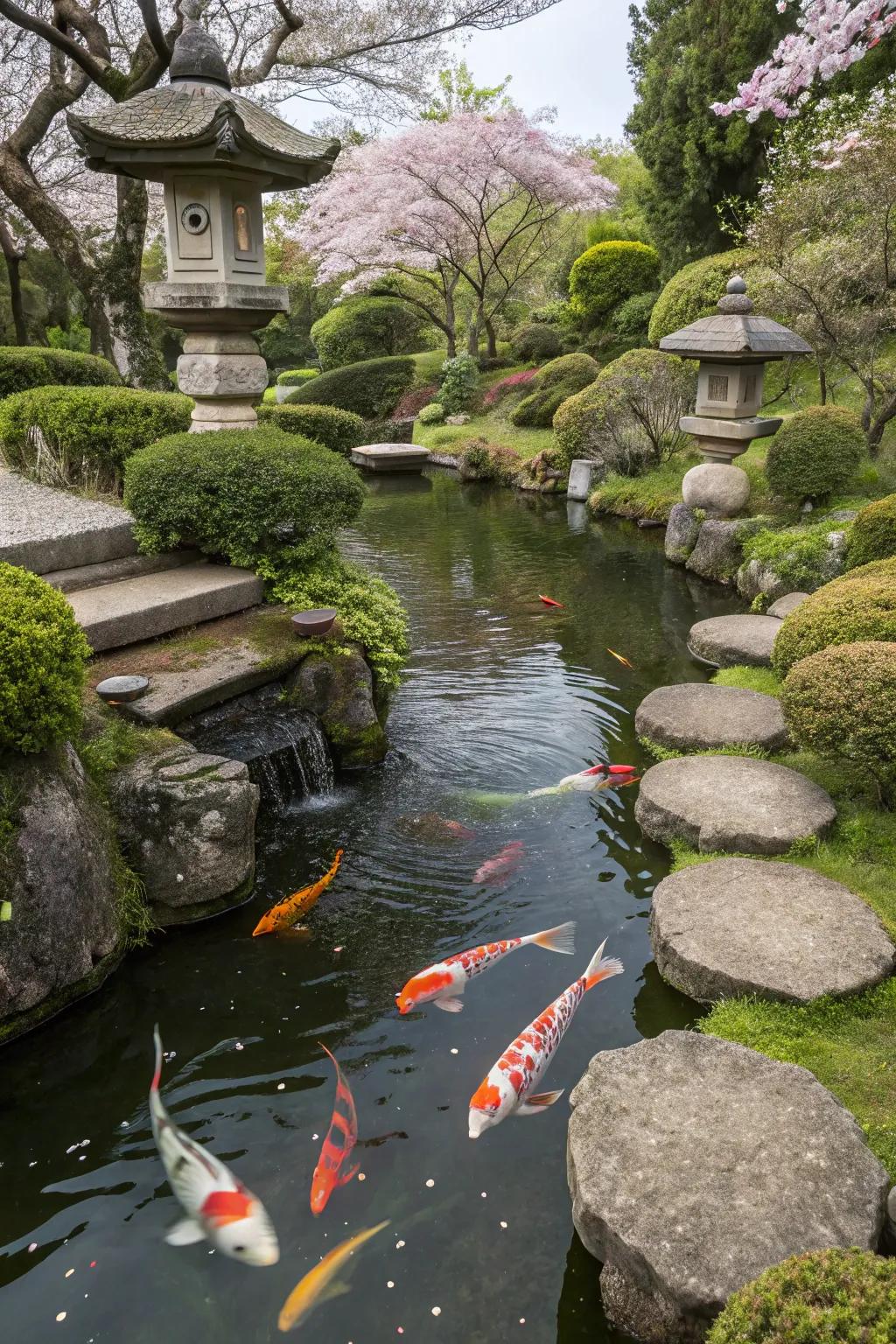 A lively koi pool adding life to a Japanese garden.