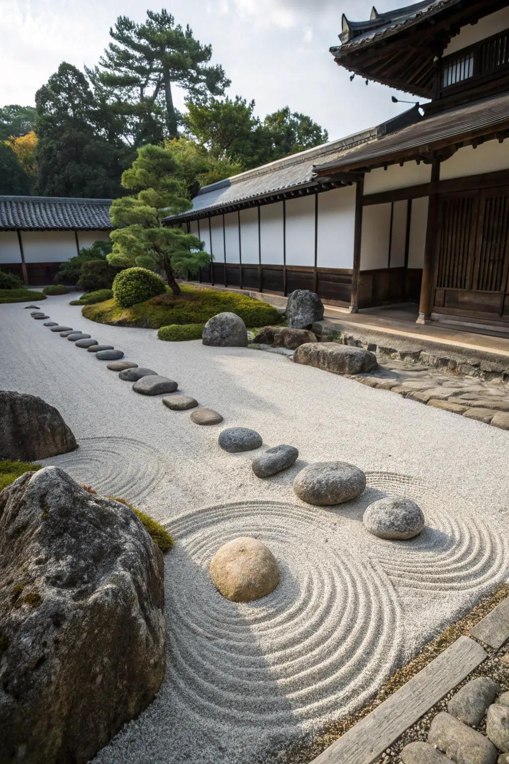 A karesansui rock garden featuring carefully arranged stones.