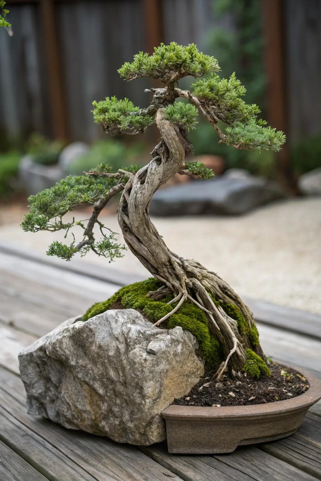 A root-grip juniper bonsai emphasizing nature’s strength on a natural stone.