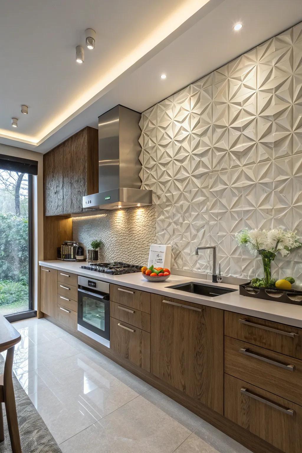Modern kitchen with 3D textured panels.