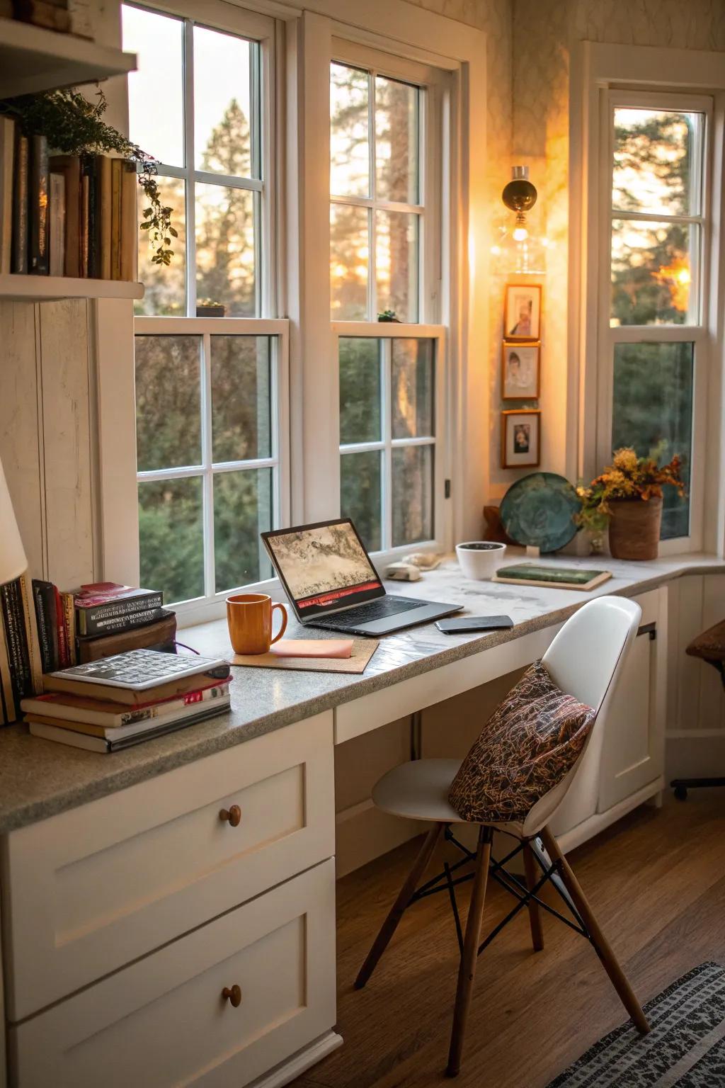 A cozy home office setup in your kitchen bay window.