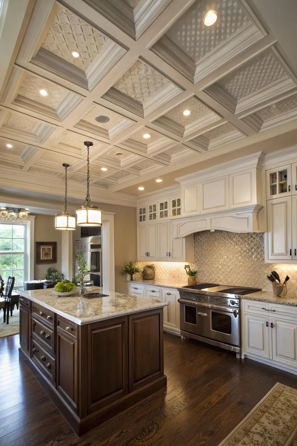A coffered bulkhead adding architectural charm to a kitchen.