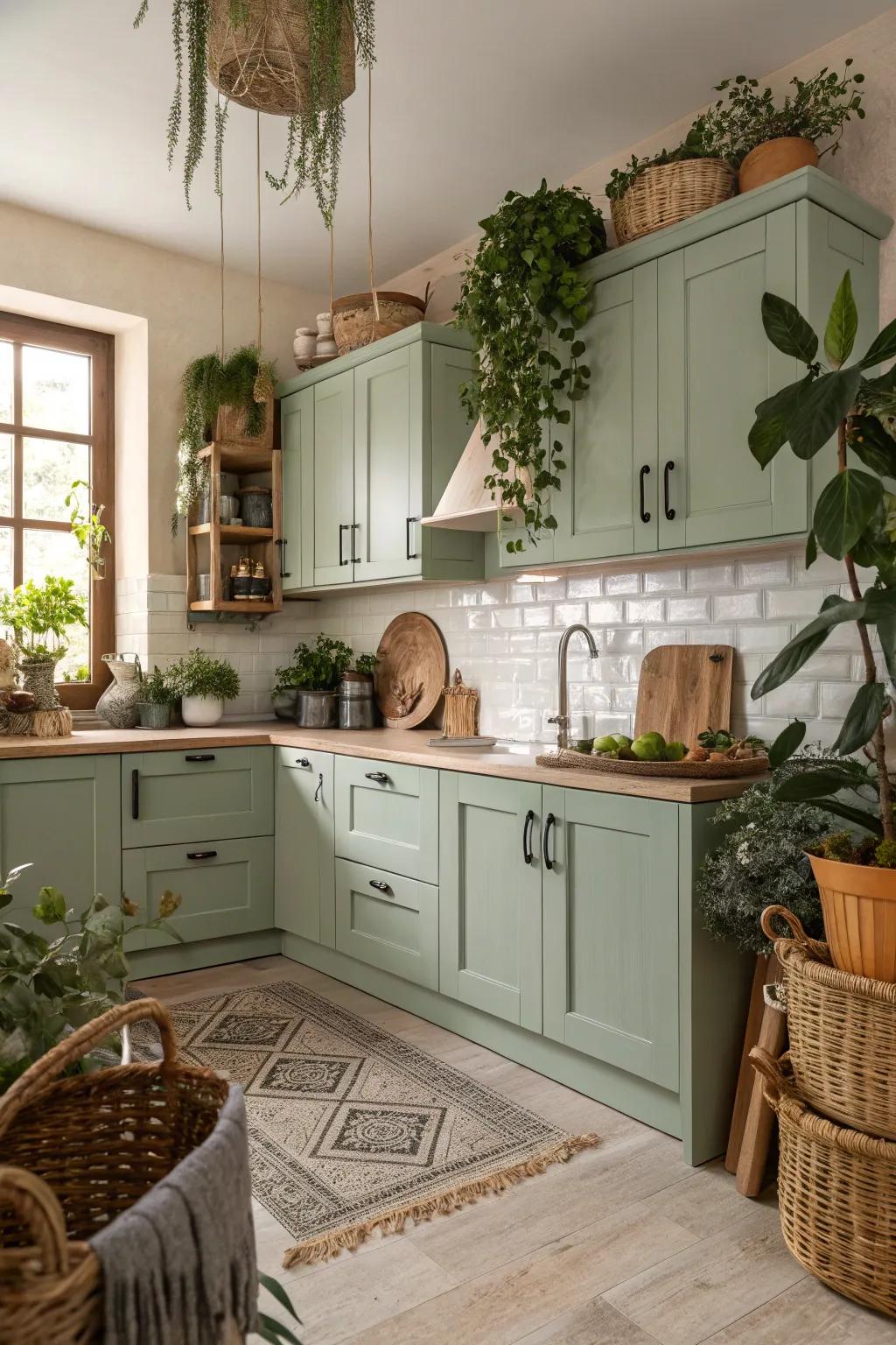 Seafoam green cabinets cultivate a tranquil and serene kitchen.