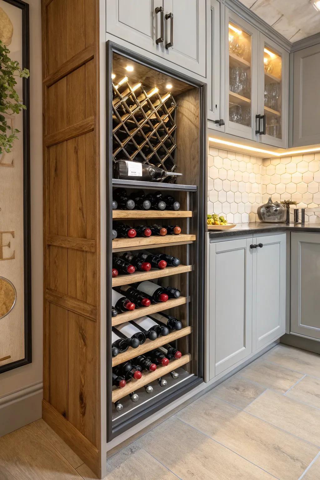 A built-in wine display turns a corner cabinet into the heart of your kitchen.