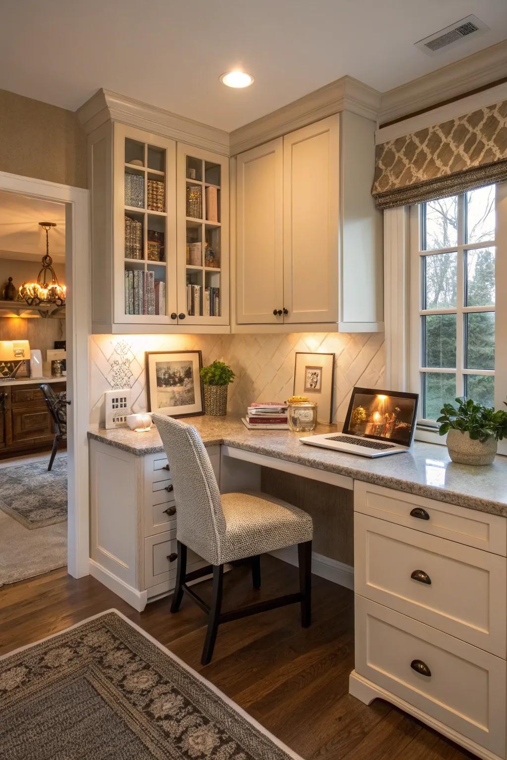 A cozy and functional desk area created in a kitchen corner nook.
