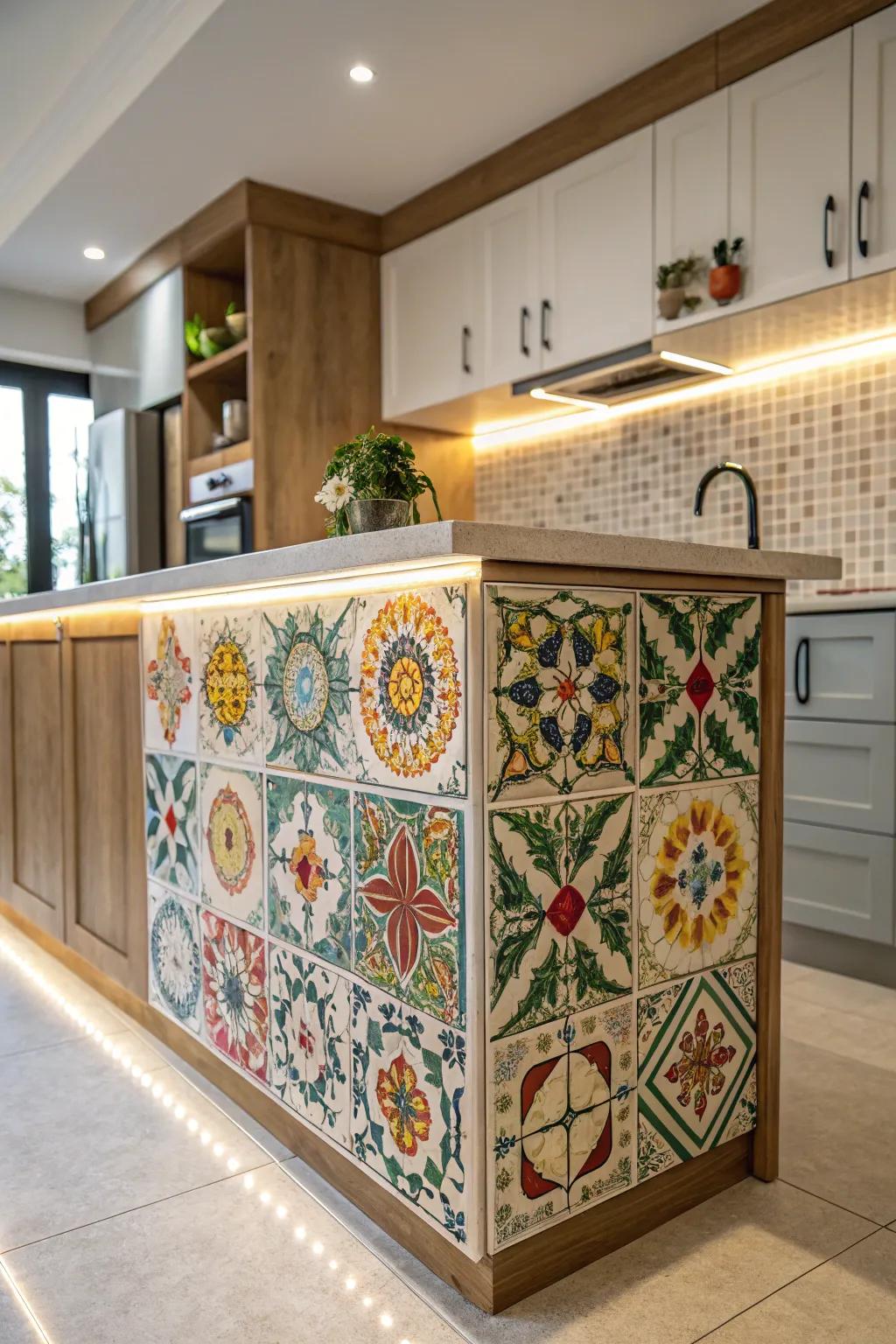 Artistic tiles incorporate color and individuality to this cooking island, fostering a captivating focal point.
