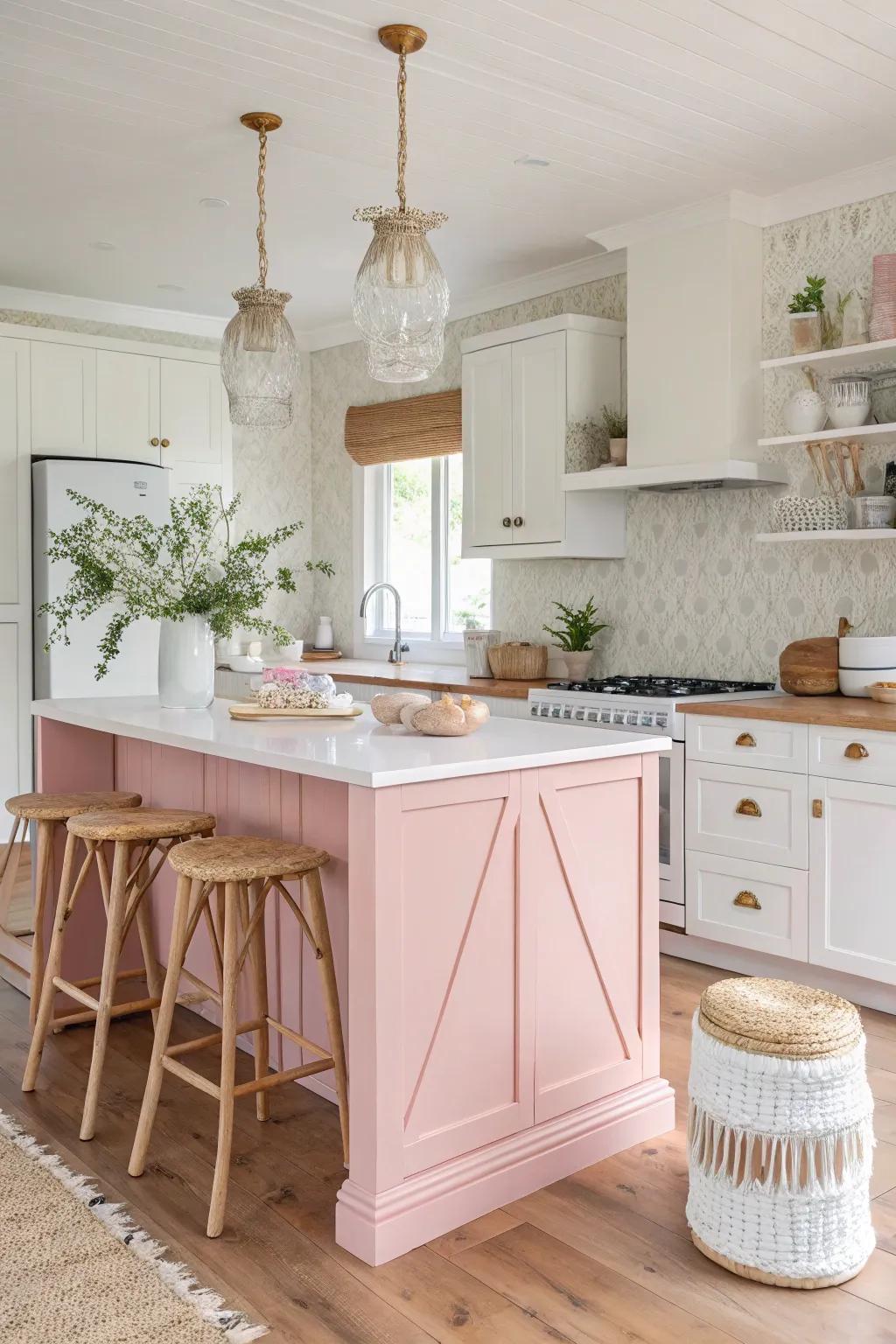 A rose tinted kitchen island adds a gentle and whimsical touch to the kitchen decor.